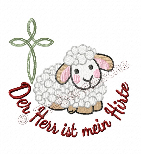 Schaf mit Kreuz und Schriftzug